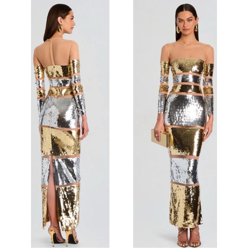 RETROFETE Desi Sequin Embellished Long Sleeve Sheer Mesh Maxi Dress Size Small - Picture 2 of 8